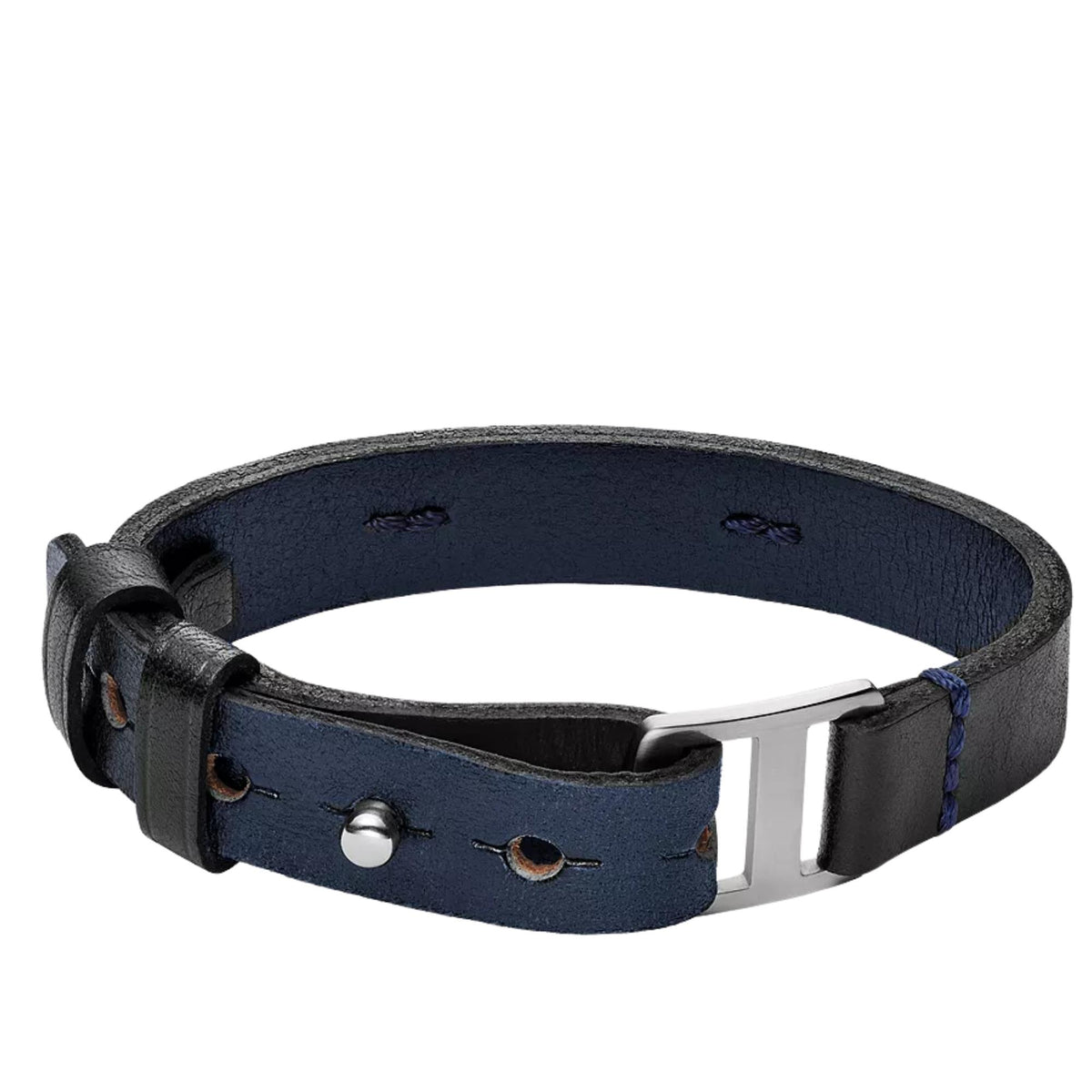 Men's leather bracelet with black exterior and midnight blue leather back, silver clasp
