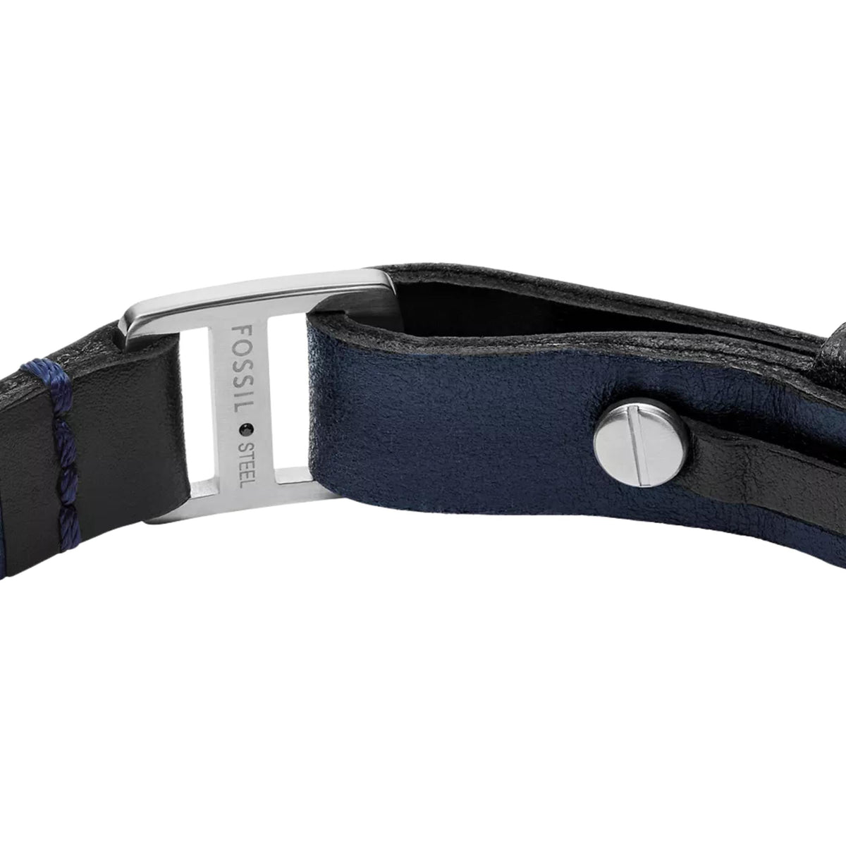 Men's black leather bracelet with midnight blue strap and silver buckle with Fossil logo