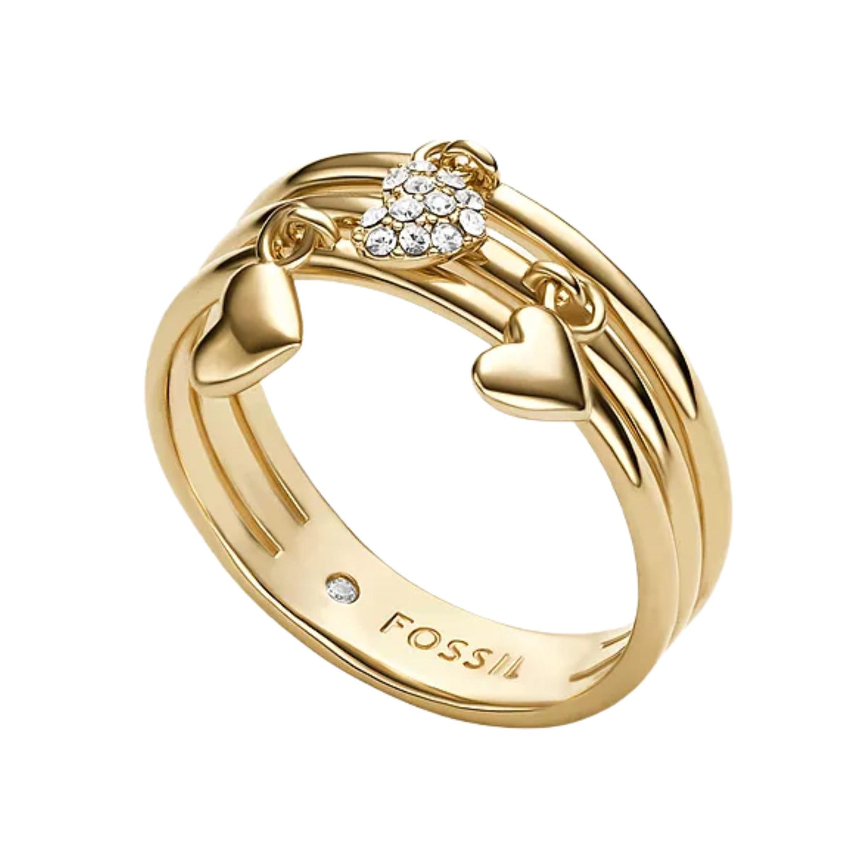 Gold-tone ring with layered bands, heart-shaped stone cluster, and leaf-like pendants