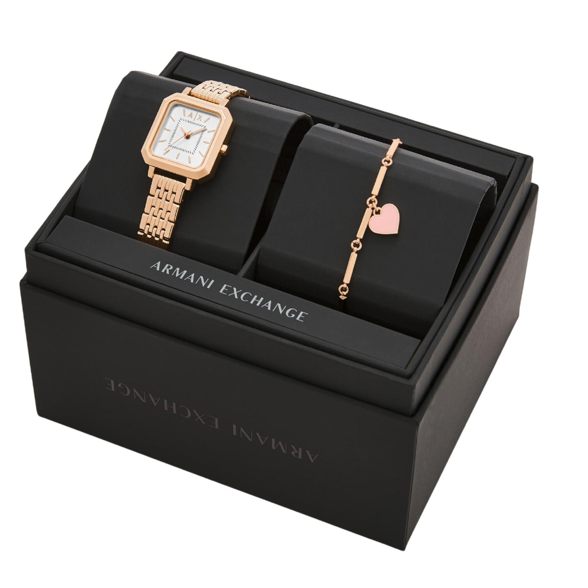 Armani Exchange set in black box: rose-gold watch with white dial and pink heart bracelet