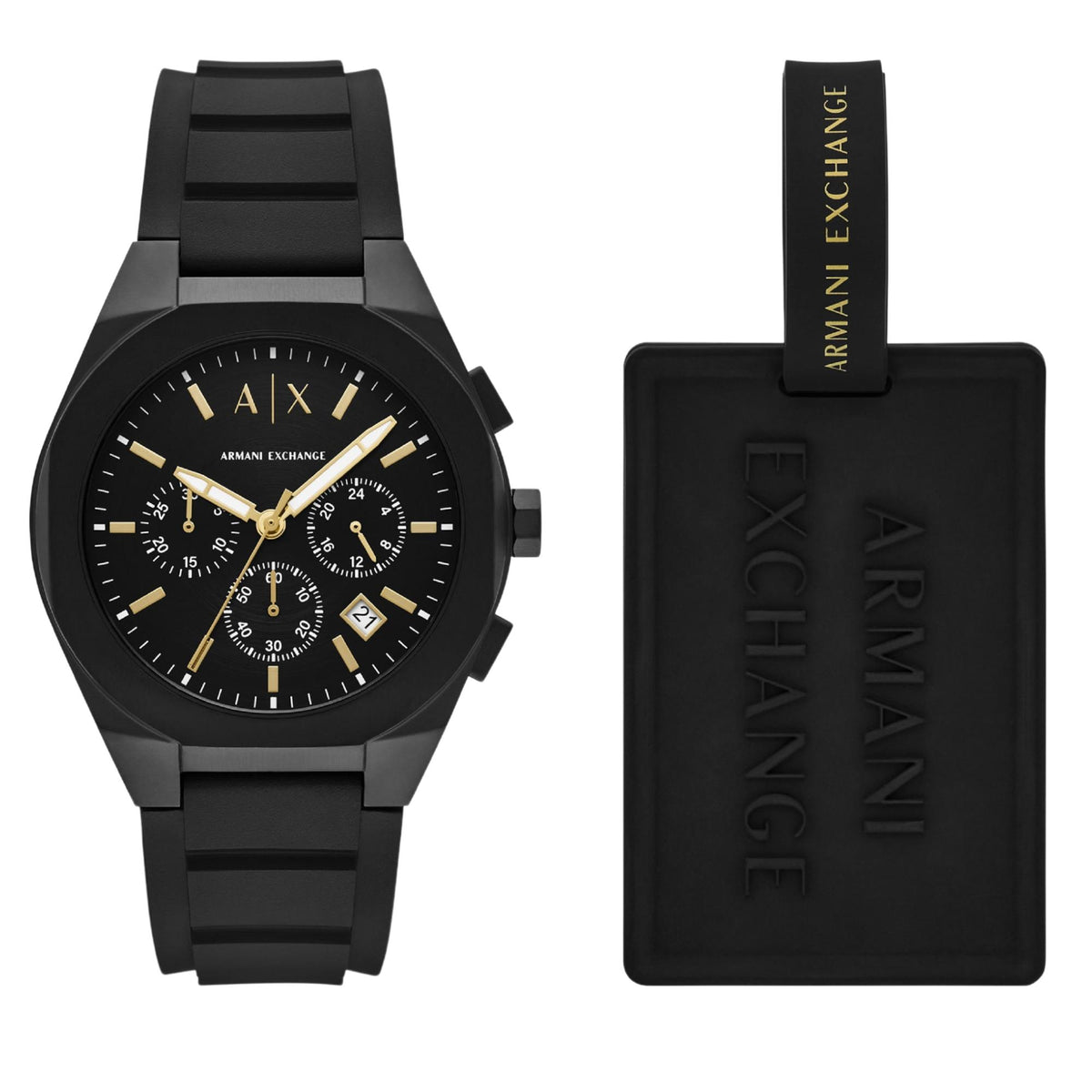 Armani Exchange Sync 42mm black dial chronograph silicone watch paired with matching engraved luggage tag
