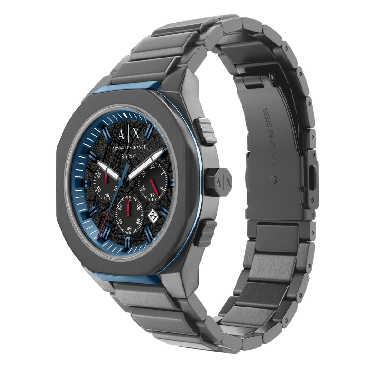 Armani Exchange Sync 44mm steel chronograph watch highlighting blue bezel, brushed links and case side profile