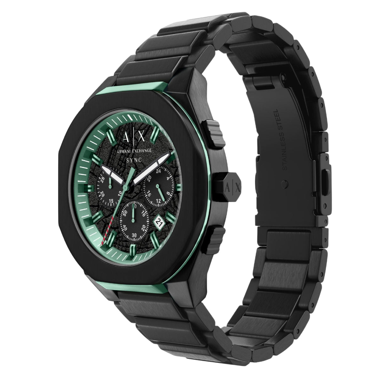 Armani Exchange Sync 44mm chronograph steel watch showcasing green bezel details and brushed stainless steel links