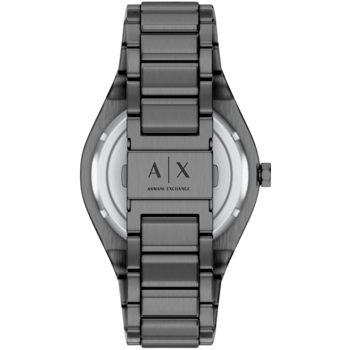 Armani Exchange Sync AX4300 stainless steel case back with engraved logo and solid black metal link bracelet detail