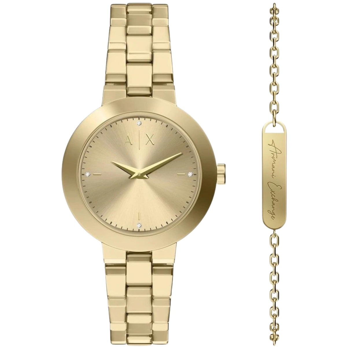 Armani Exchange Jackie AX7177SET front view with matching gold-tone logo bracelet