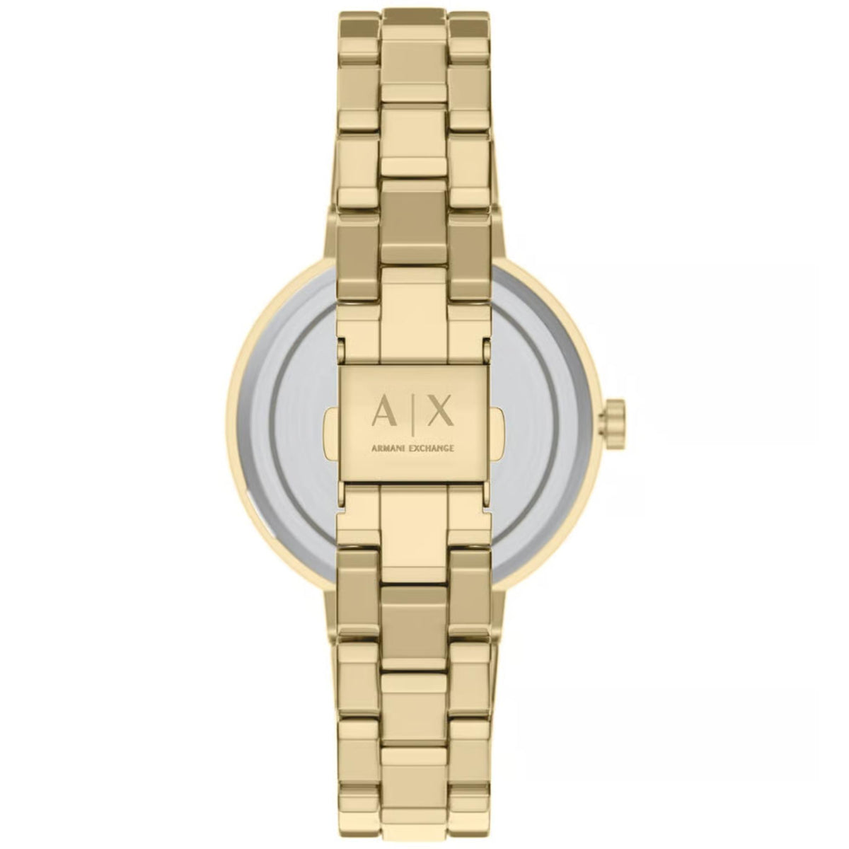 Armani Exchange ladies quartz watch with gold-tone steel link bracelet and pink dial