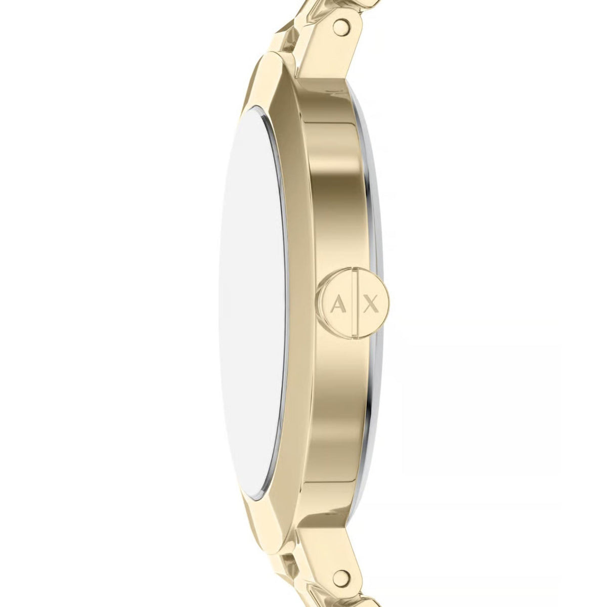 Gold-tone stainless steel watch case with pink dial and round crown on link bracelet