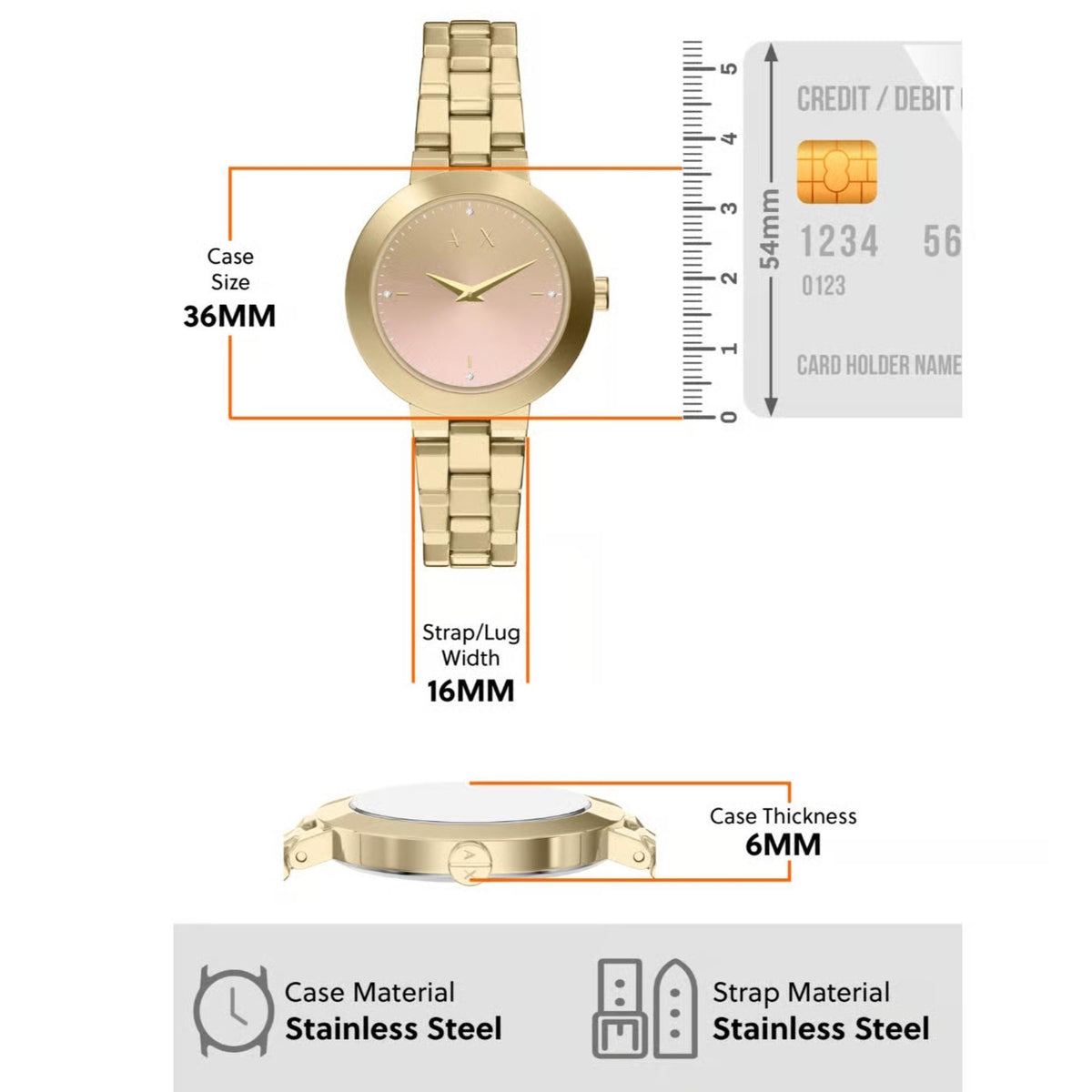 Round gold-tone stainless steel watch with pink dial, 36mm case, link bracelet