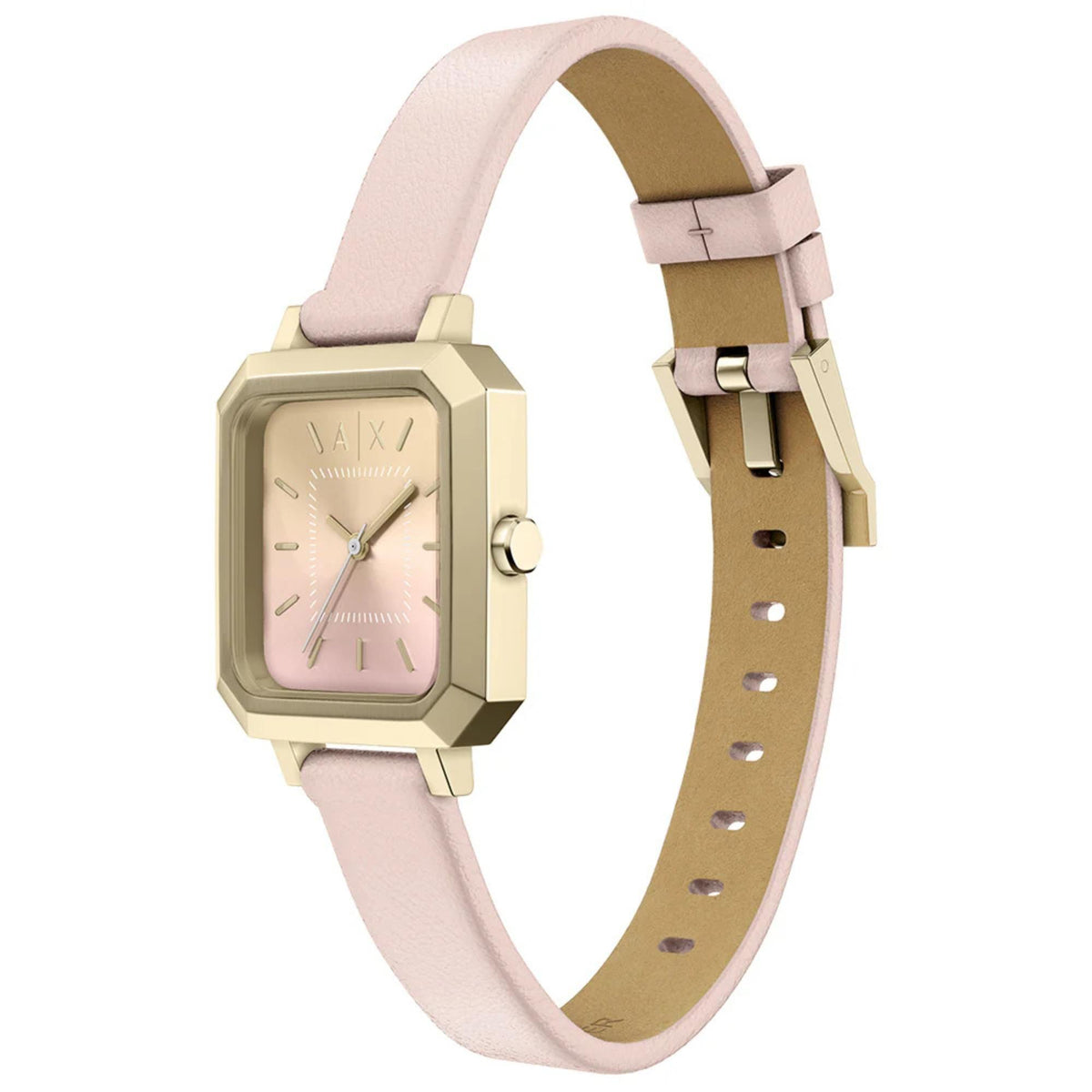 Armani Exchange Leila AX5737 pink dial leather ladies watch angled side view with pink leather strap loop