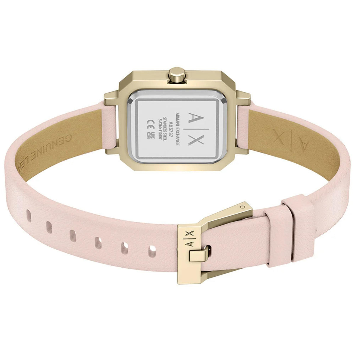 Armani Exchange Leila AX5737 stainless steel case back view showing model engraving and pink leather strap interior