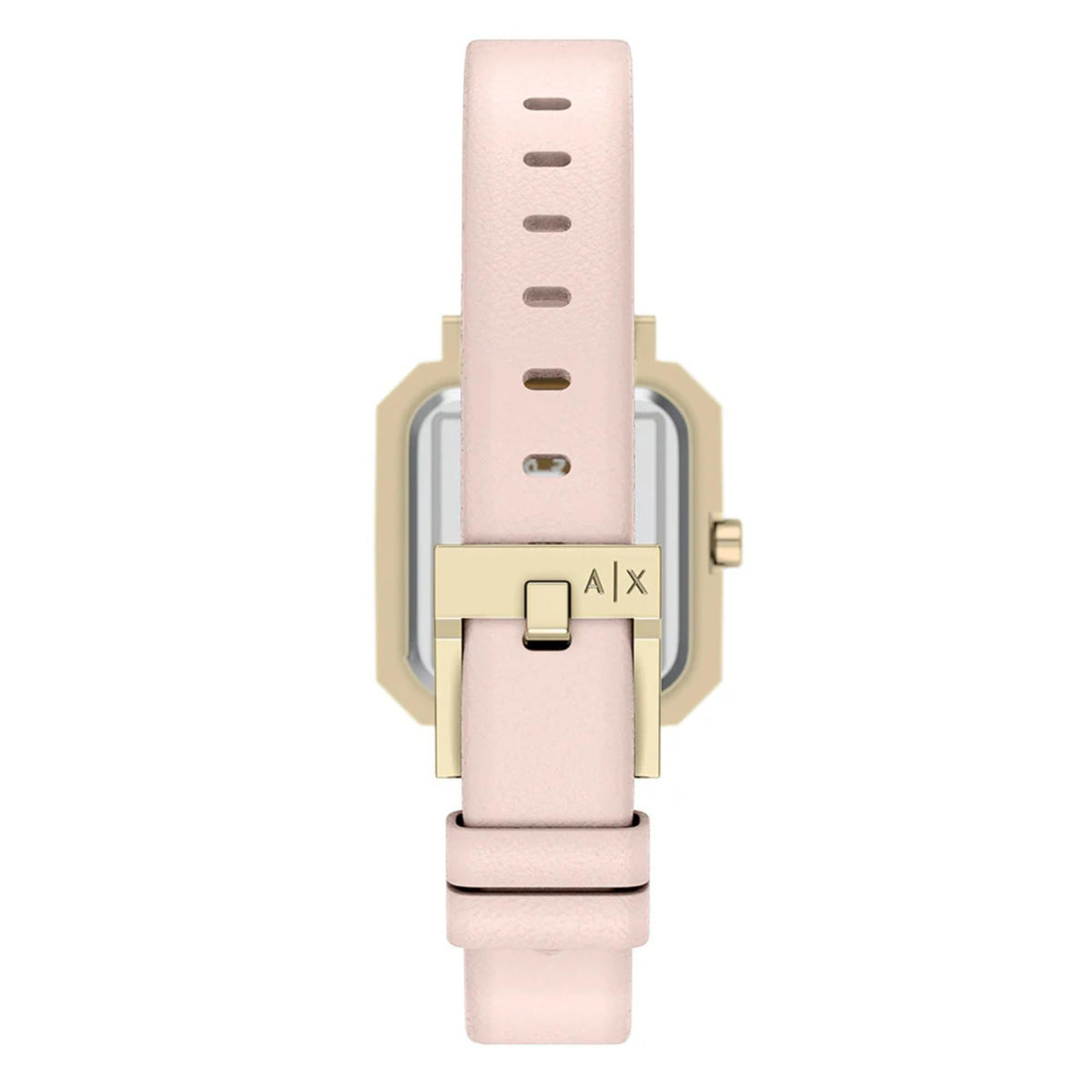 Armani Exchange Leila AX5737 gold-tone buckle close up on pink leather strap