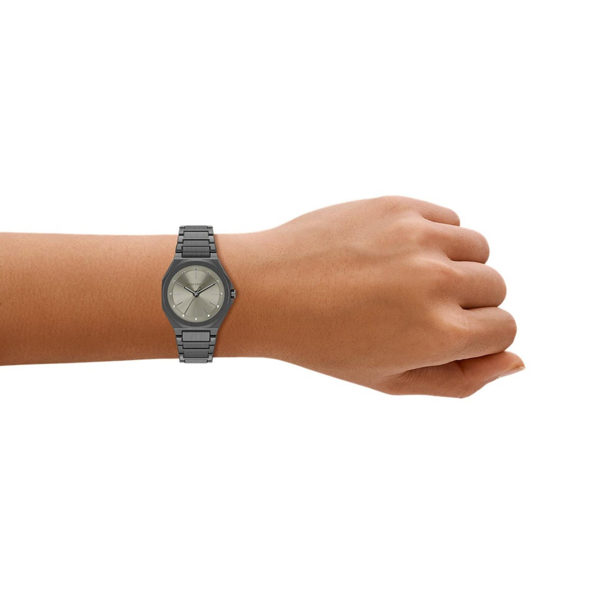 Armani Exchange ladies quartz watch on wrist, dark steel bracelet and grey dial