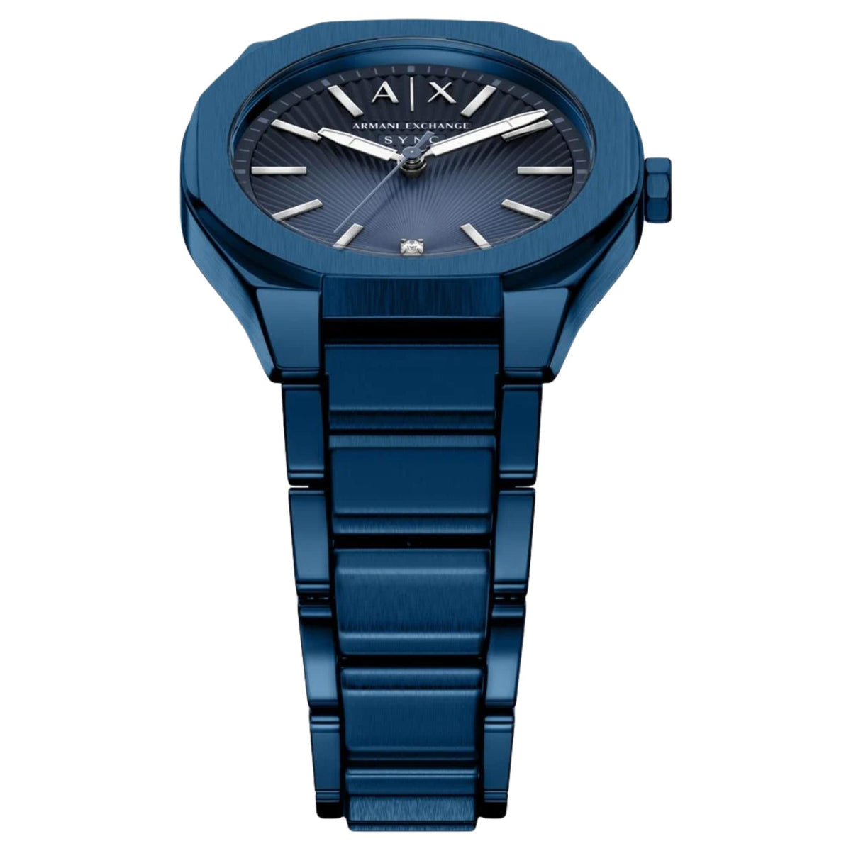 Armani Exchange Sync 36mm blue steel ladies watch showcasing octagonal case, textured dial and bracelet links