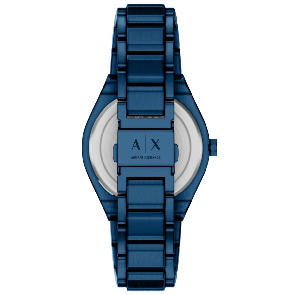 Armani Exchange Sync AX6032 ladies watch stainless steel case back with engraved branding and blue metal bracelet