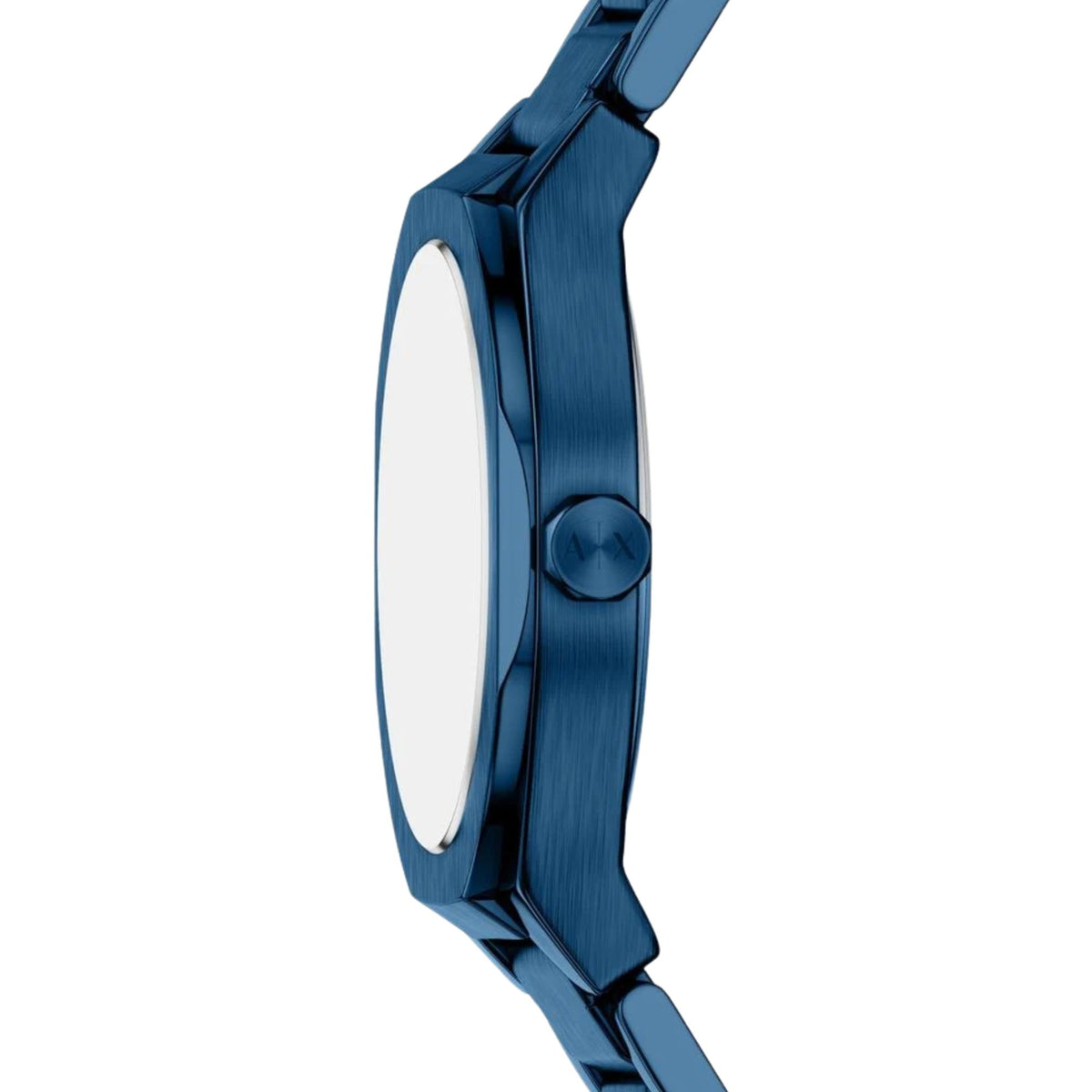Side view of Armani Exchange Sync blue dial womens watch highlighting slim case, crown and brushed steel details