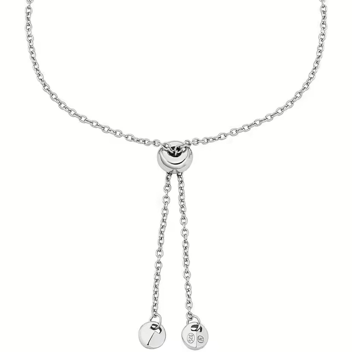 Silver-tone chain bracelet with heart-shaped connector and two dangling round charms.