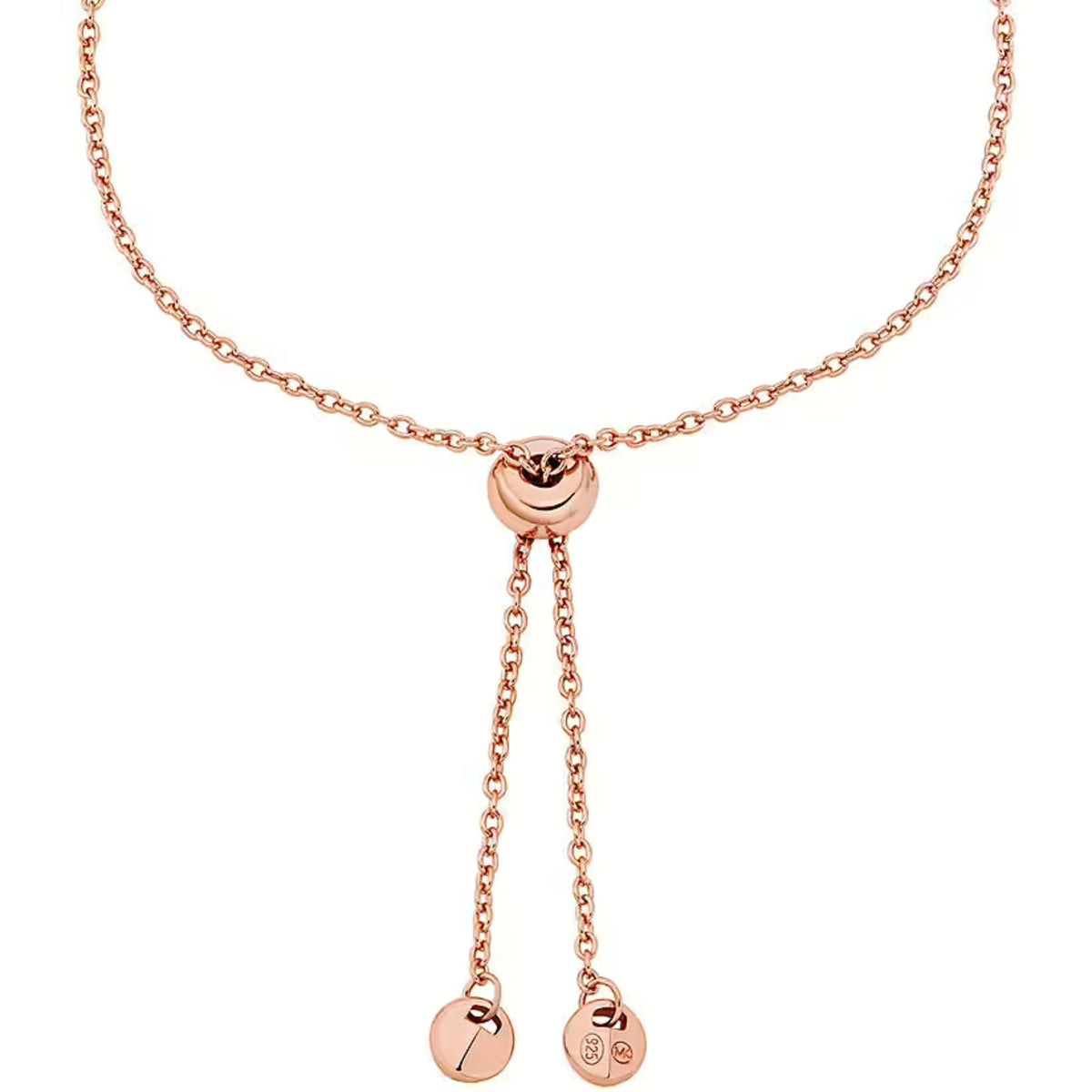 Rose gold chain bracelet with bow-shaped clasp and two dangling disc charms