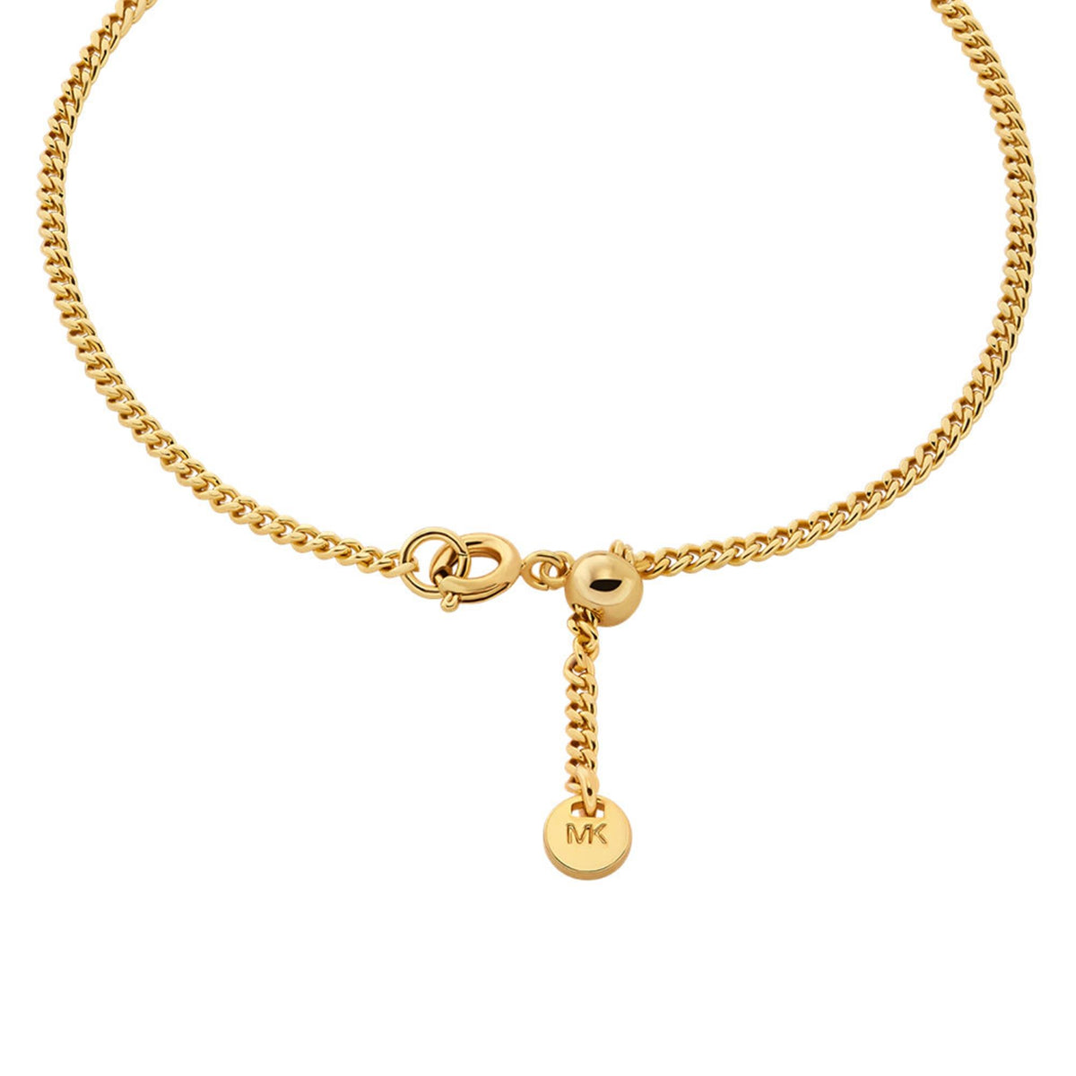 Gold tone bracelet close-up with toggle clasp and dangling MK charm