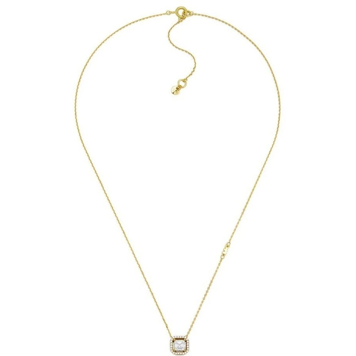 Gold tone square pendant necklace with clear stone frame and fine chain