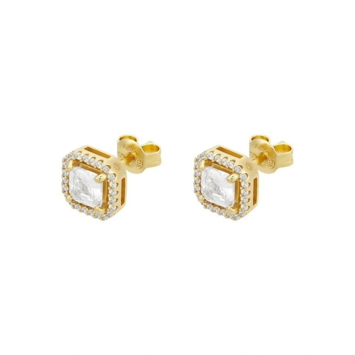 Gold-tone square halo stud earrings with clear cushion-cut center stones
