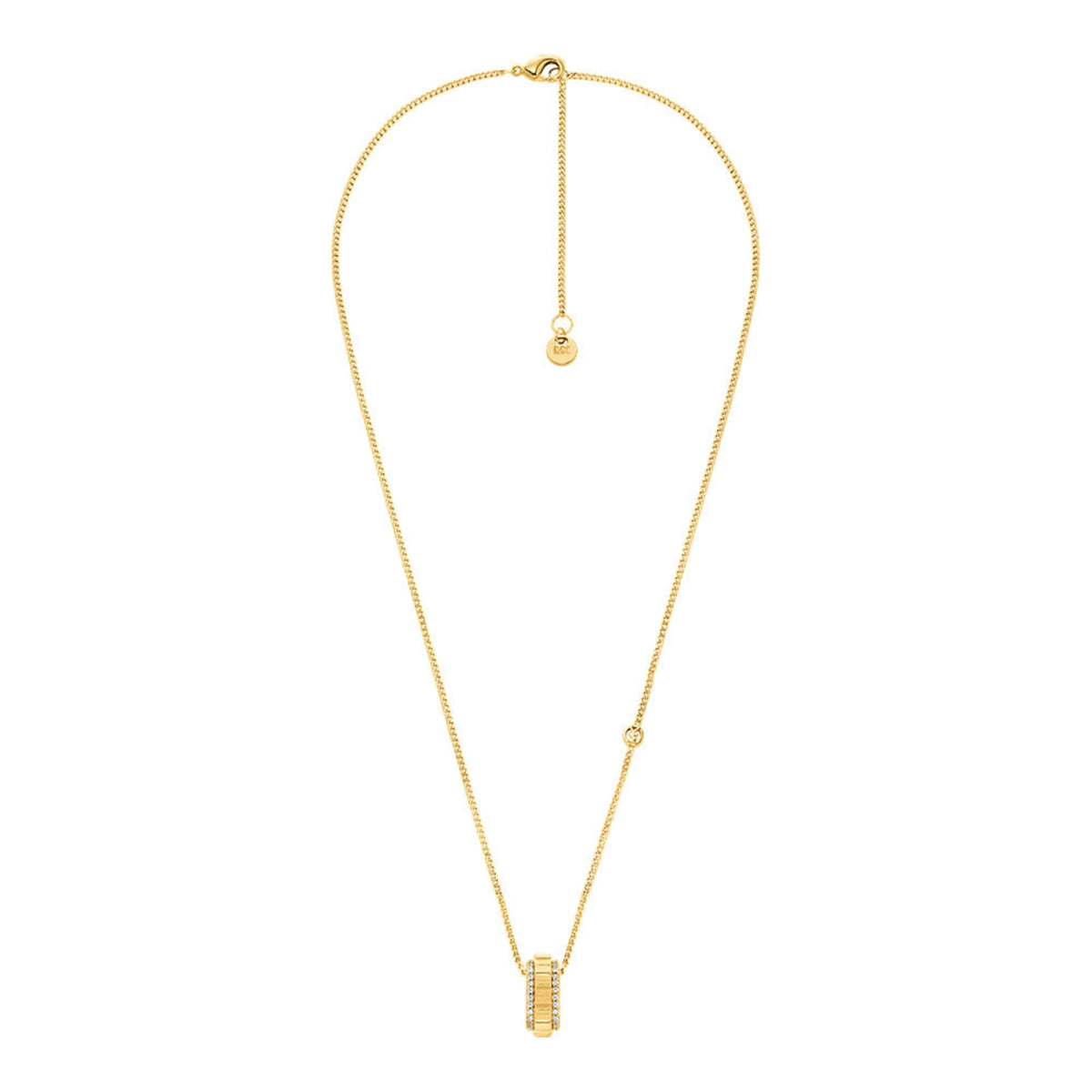 Gold-tone long necklace with circular logo charm and bottom rectangular crystal pendant