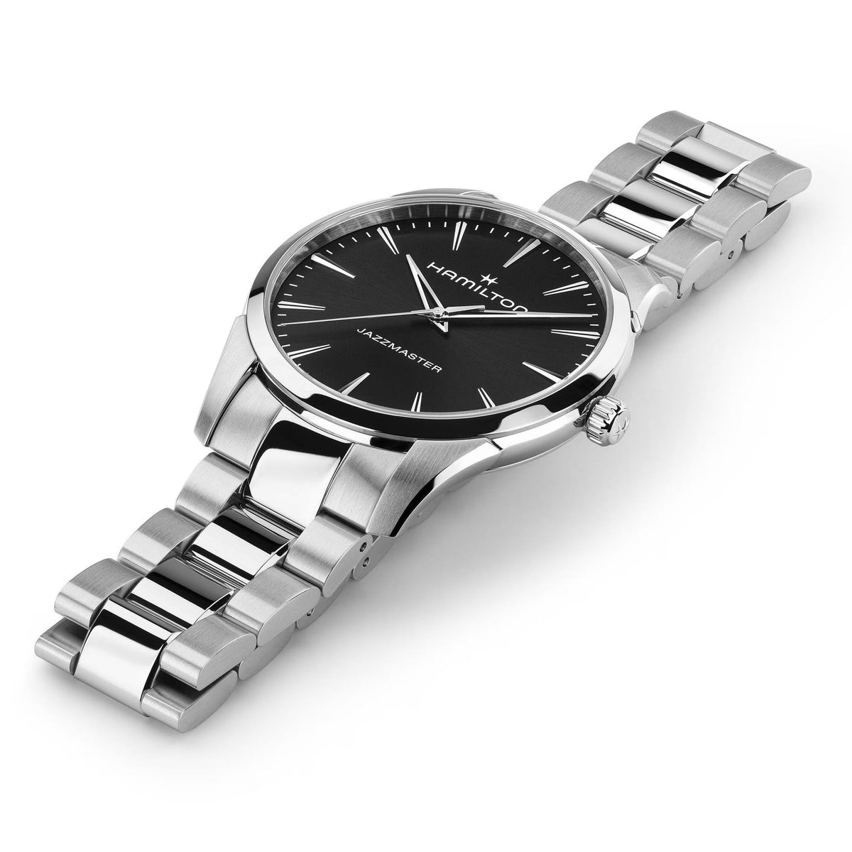 Hamilton Jazzmaster H32461131 timepiece studio shot, showing three-link metal bracelet and sleek black dial