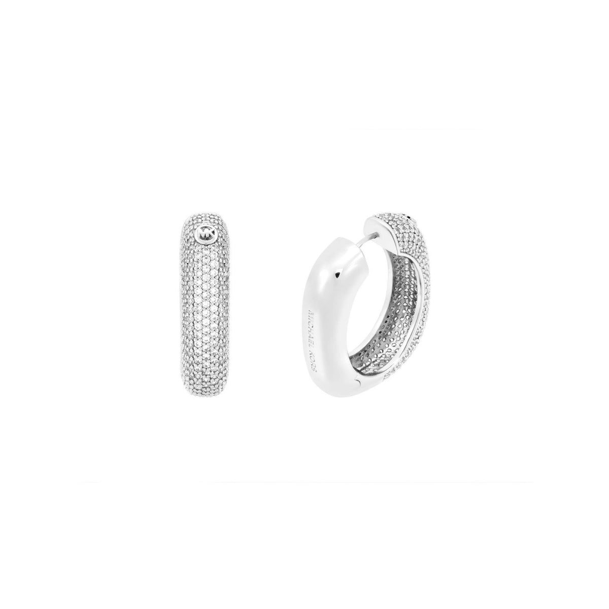 Silver-tone hoop earrings with textured pave and circular logo detail