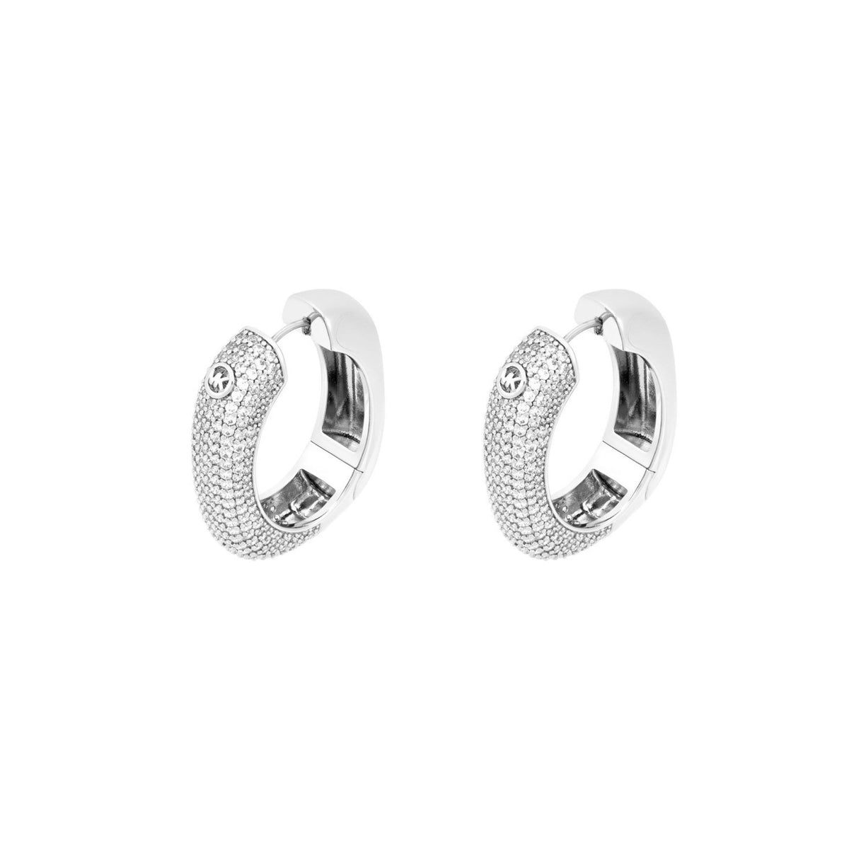 Pair of silver-tone textured hoop earrings with hinge and circular logo