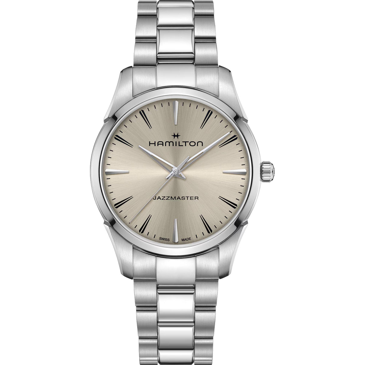 Hamilton Jazzmaster H32461121 40mm quartz mens watch front view showing beige dial and stainless steel bracelet