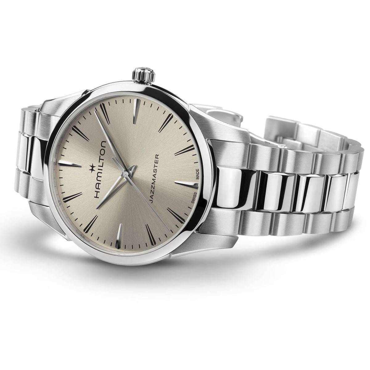 Hamilton Jazzmaster H32461121 mens watch studio shot resting sideways showing beige dial and brushed steel case