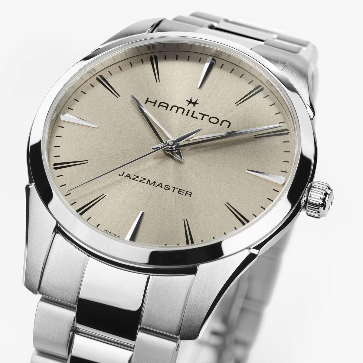 Hamilton Jazzmaster H32461121 mens watch close-up detail highlighting sunburst beige dial and silver-tone indices
