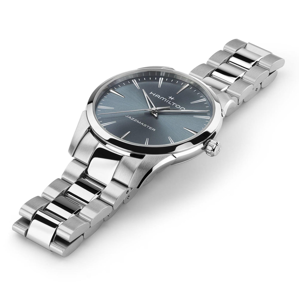 Hamilton Jazzmaster H32461141 luxury timepiece studio shot, showing three-link metal bracelet and sleek blue dial