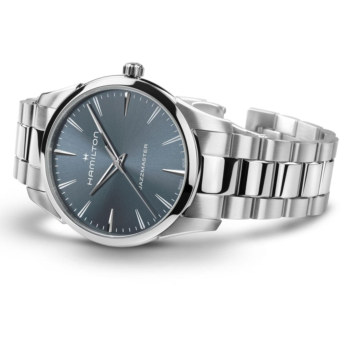Hamilton Jazzmaster H32461141 dress timepiece angled perspective view highlighting polished bezel, blue dial, and winding crown