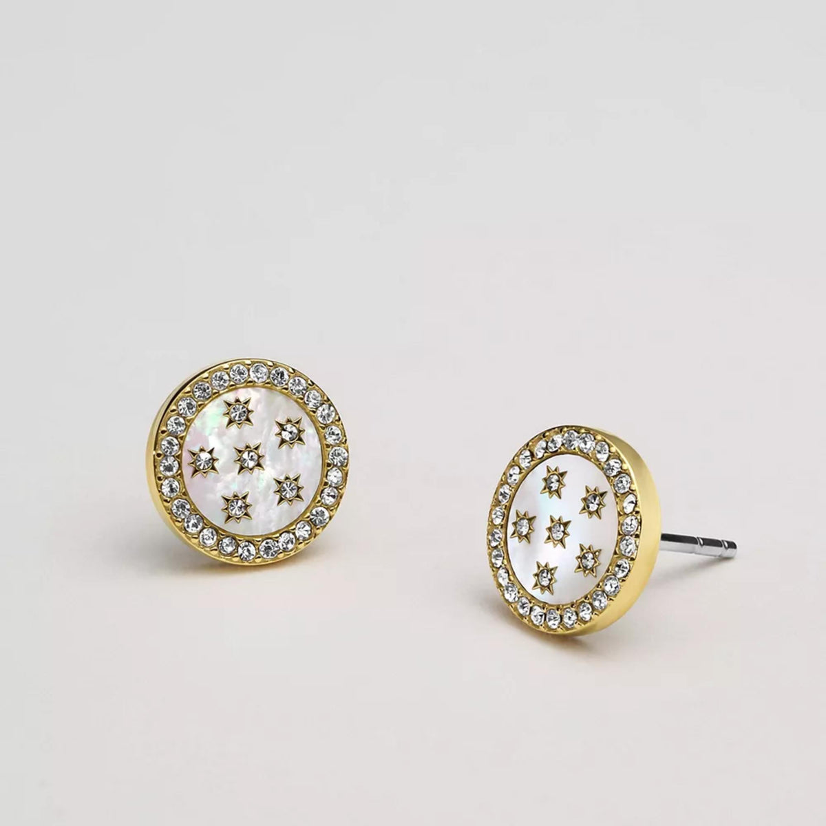 Gold-tone stud earrings with mother-of-pearl disc, star motifs, and crystal halo