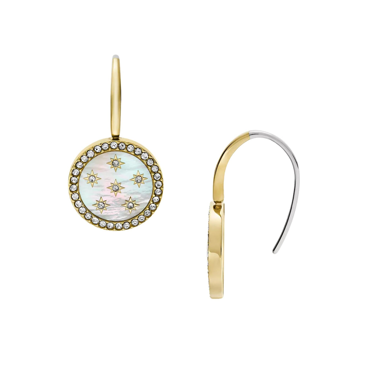 Gold-tone drop earrings with oval mother-of-pearl in crystal-studded bezel