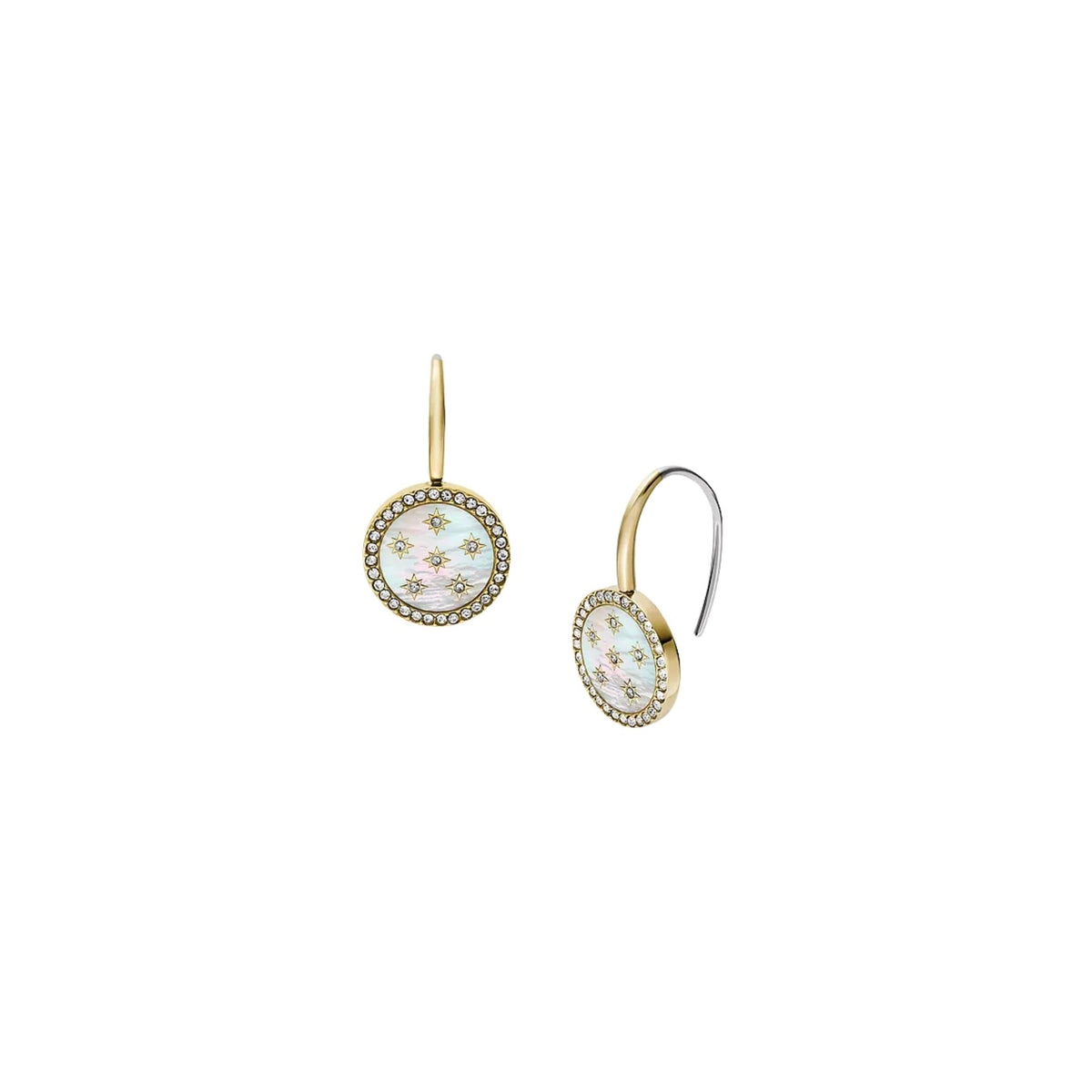 Pair of gold-tone oval drop earrings with mother-of-pearl center and jeweled border