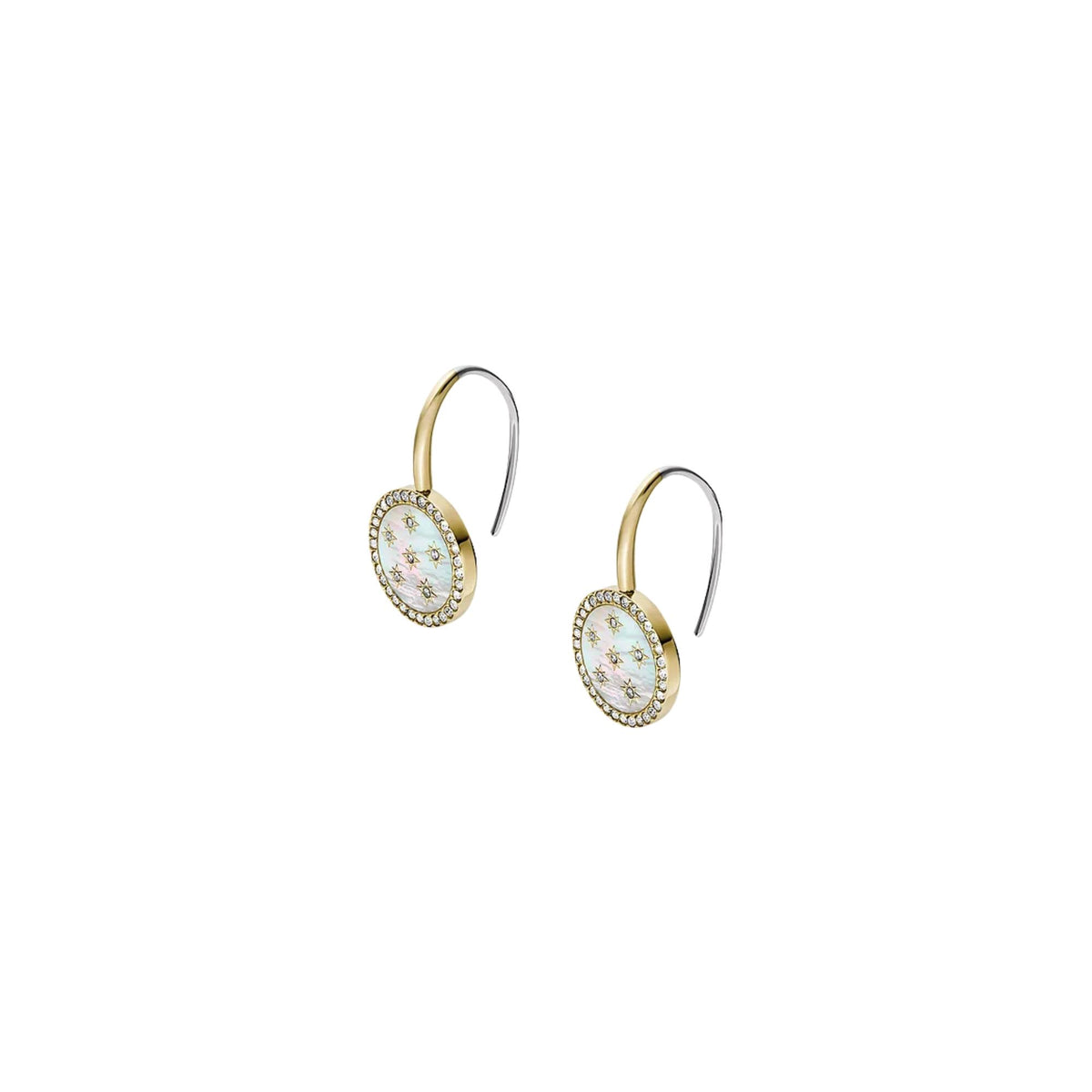 Gold-tone oval drop earrings with mother-of-pearl center and crystal border, fishhook