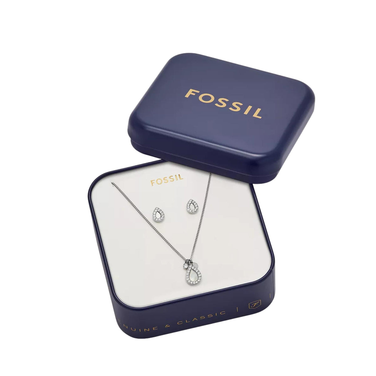 Mother-of-pearl pendant necklace and stud earring set in navy gift box