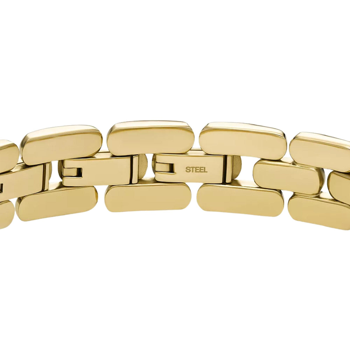 Gold-tone clasp area with rectangular link stainless steel bracelet