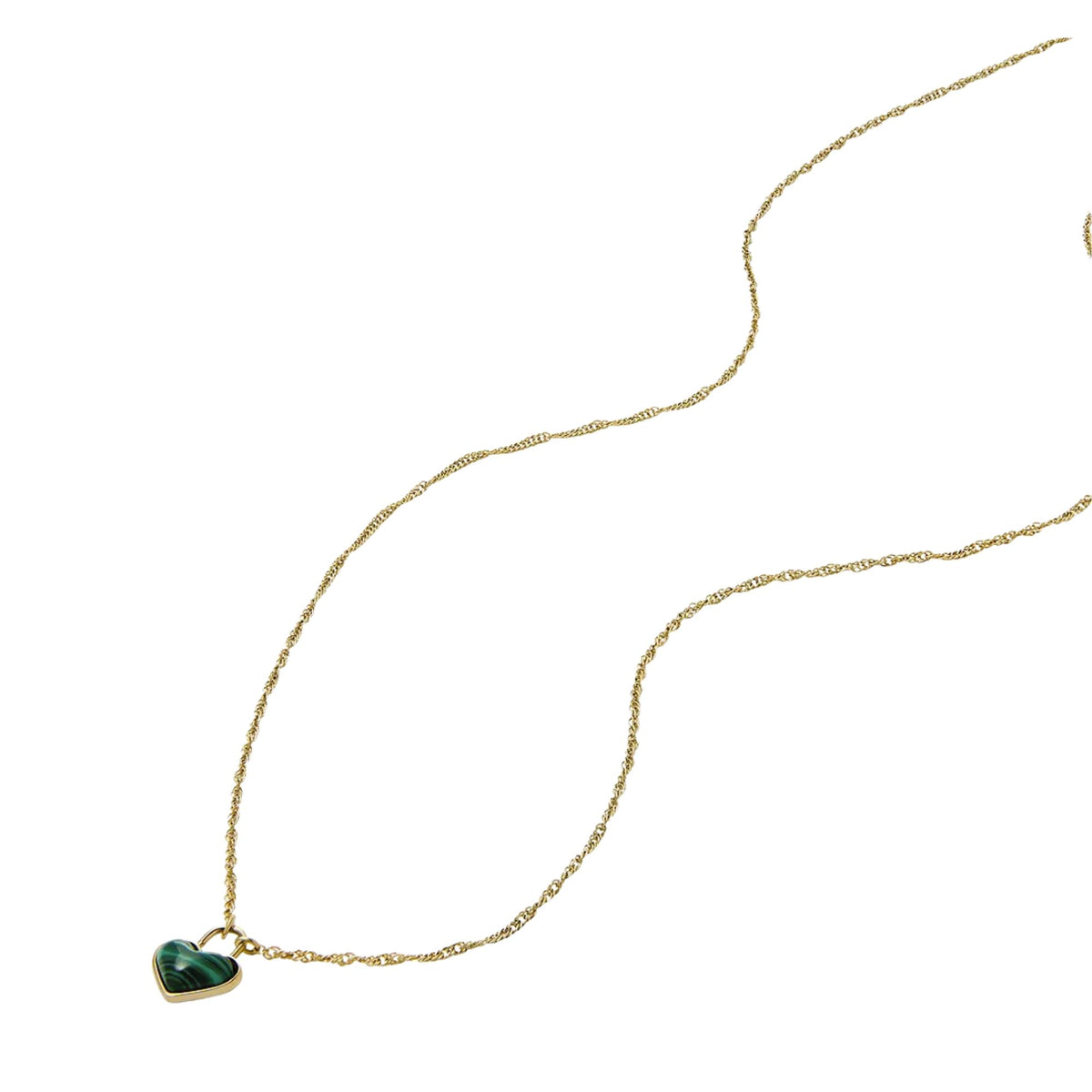 Gold-tone heart pendant necklace with green heart on long thin chain