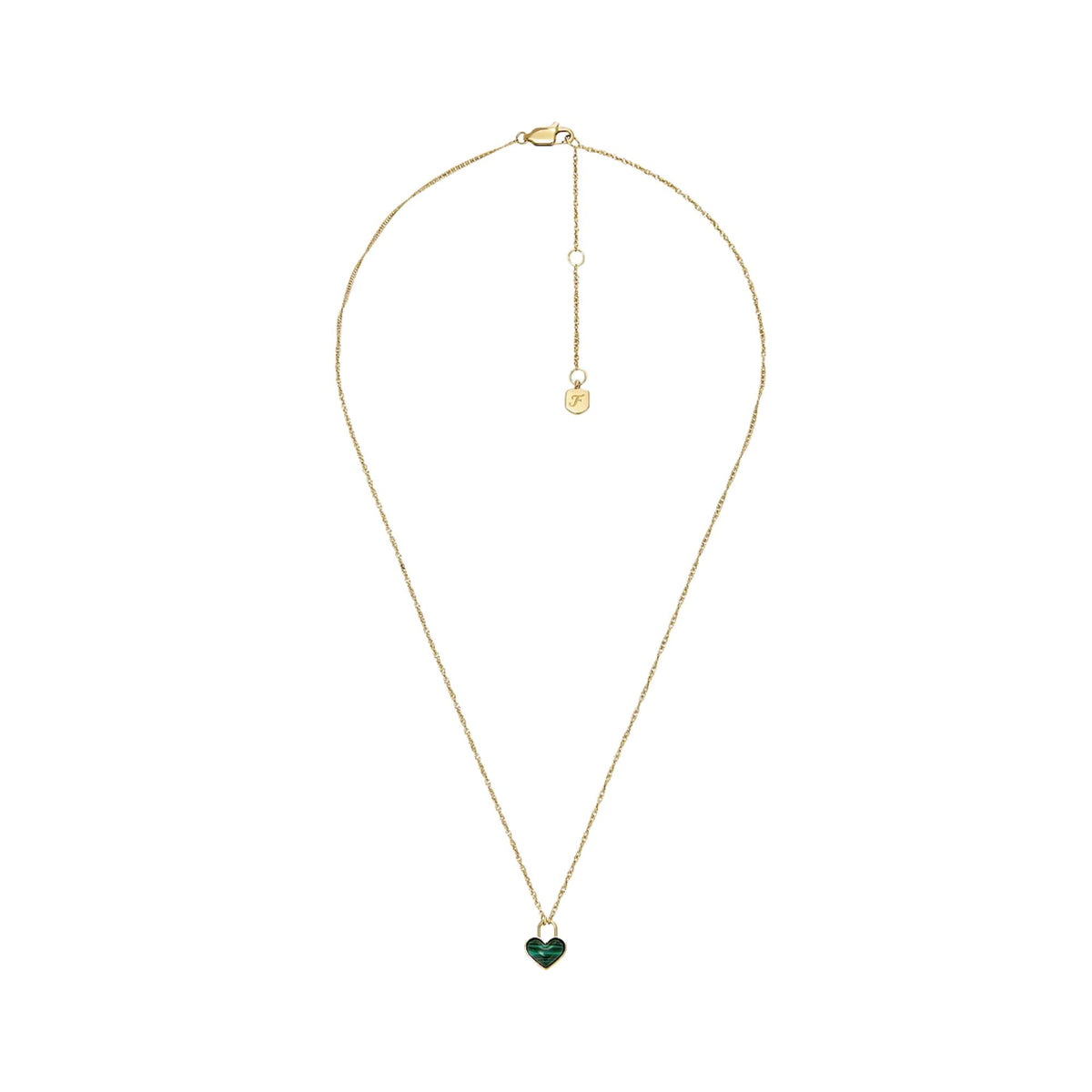 Gold-tone heart pendant necklace with small dangling charm and green heart at end