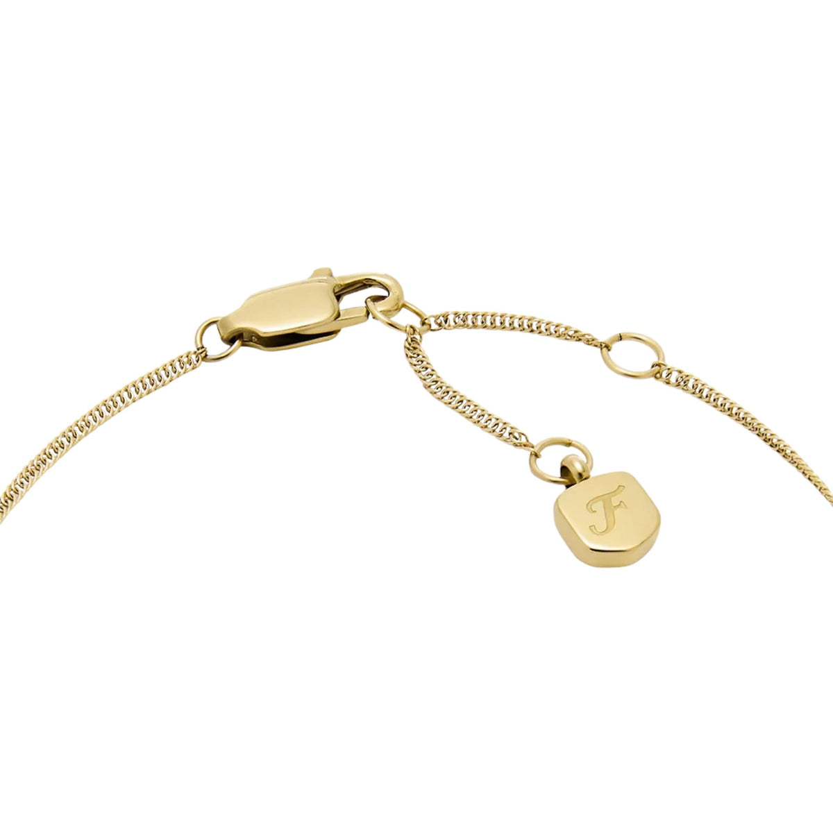 Gold-tone chain bracelet clasp with engraved charm and small heart tag