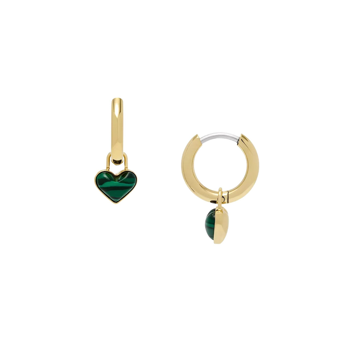 Gold hoop earrings with small dark green heart charms