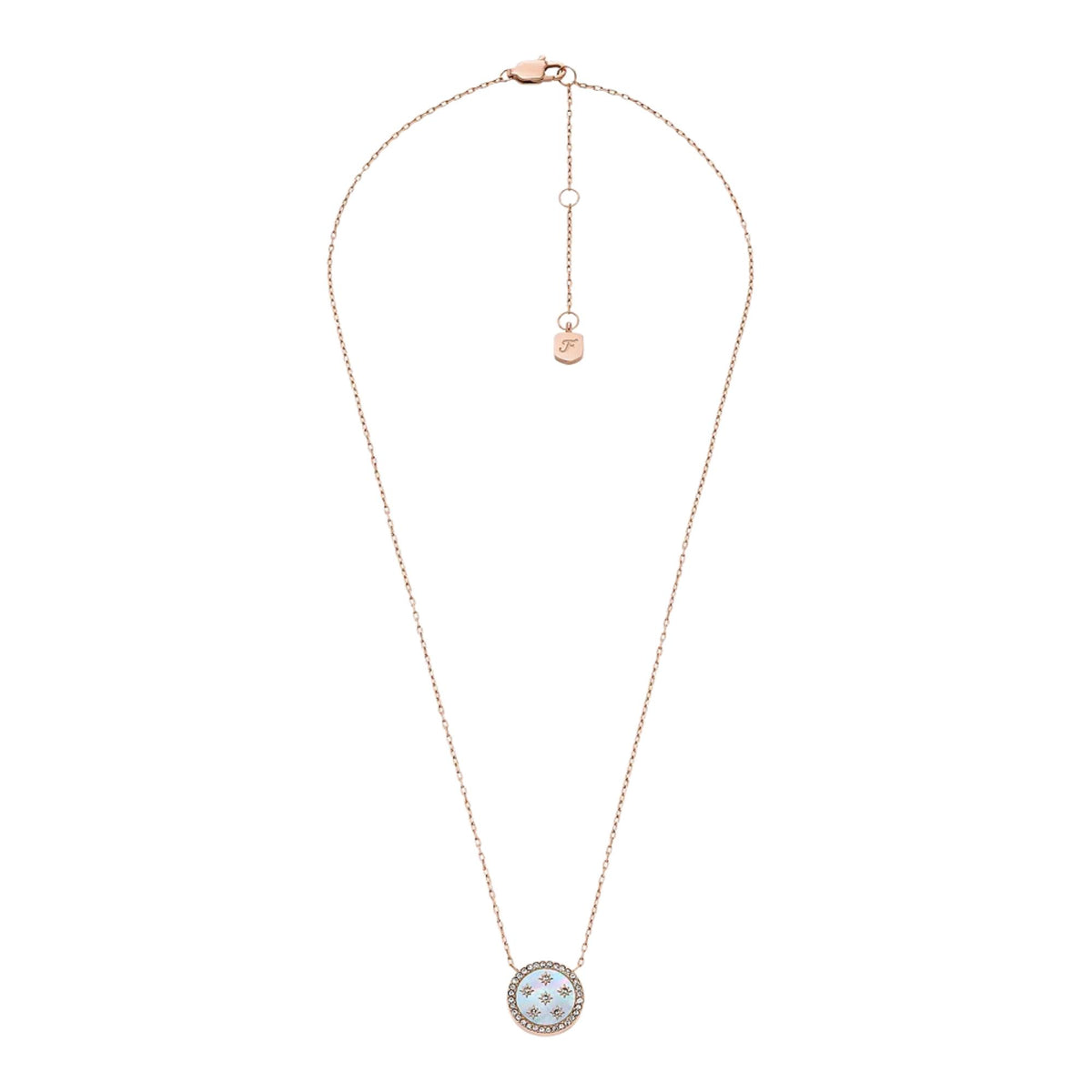 Rose gold-tone pendant necklace with round mother-of-pearl disc and small padlock charm