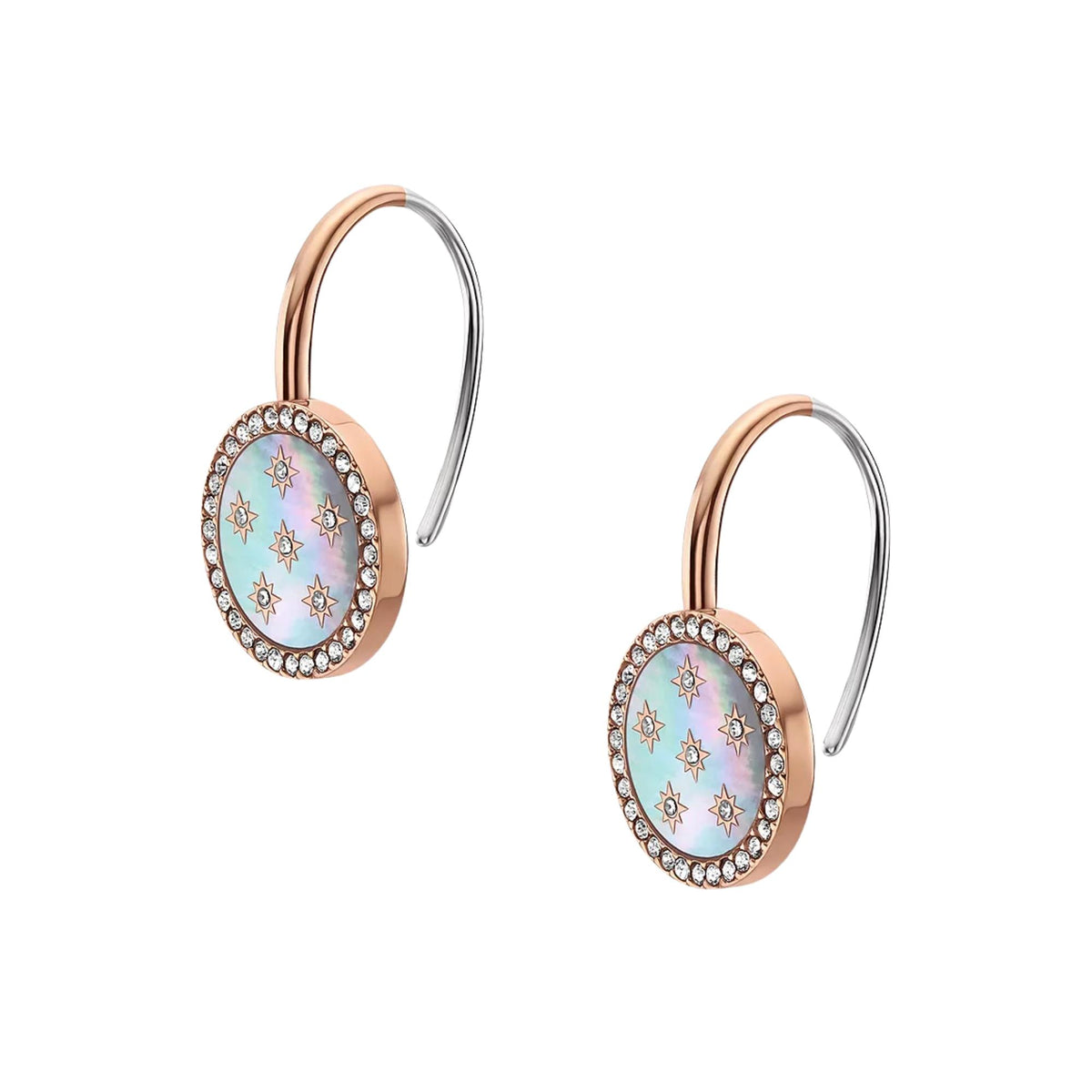 Pair of rose gold oval drop earrings with blue iridescent center and crystal halo, hinged hooks.