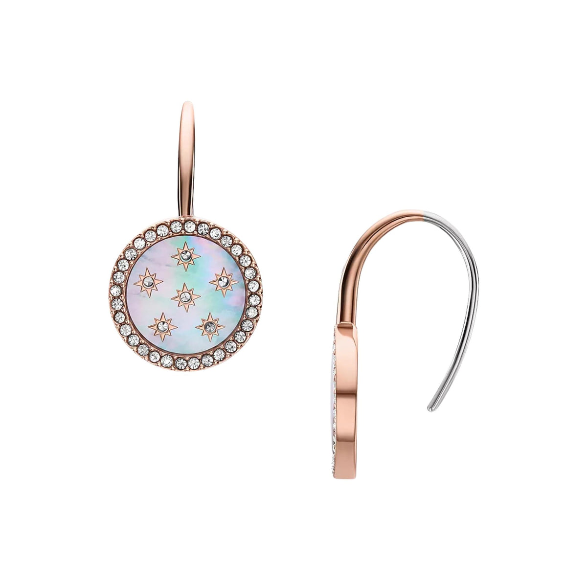 Single rose gold oval drop earring with blue iridescent center and crystal halo, hinged hook.
