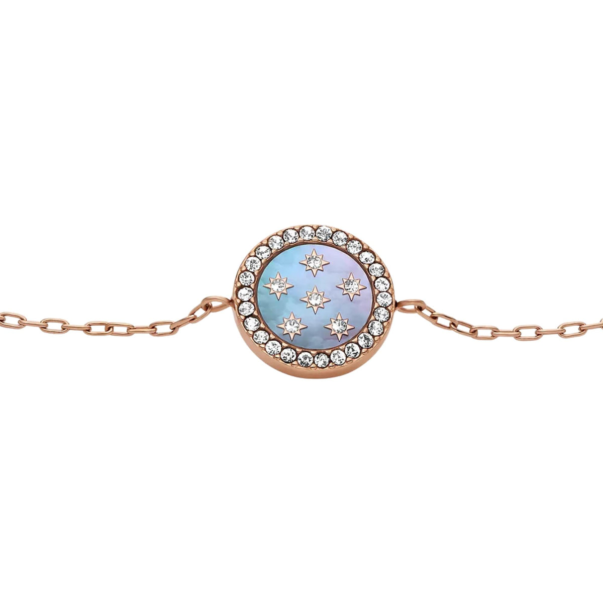Rose gold-tone bracelet charm with blue mother-of-pearl star pattern and crystal border