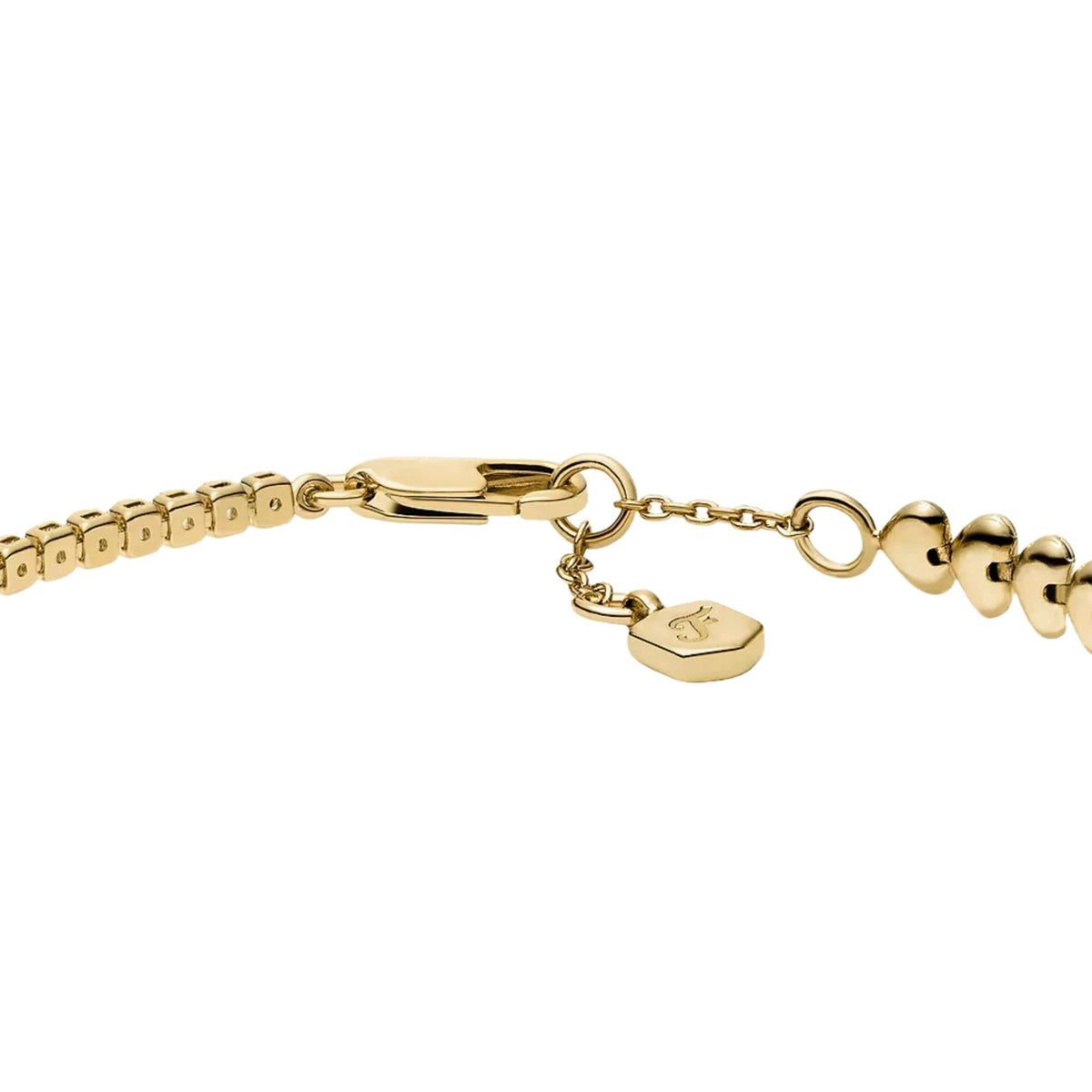 Fossil gold-tone brass heart link tennis bracelet with clasp and dangling charm