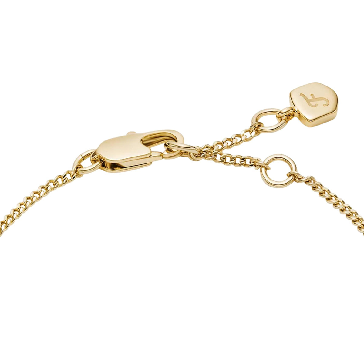 Gold-tone bracelet clasp and link chain with a small engraved heart tag