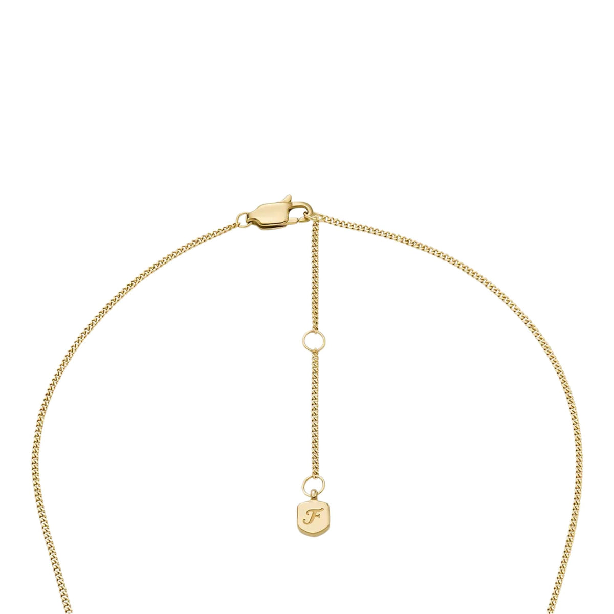 Gold-tone necklace with adjustable chain, clasp, and small round charm